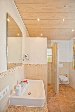 A bathroom with a large sink, mirror, and shower.