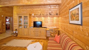 En mysig stuga med träpanel på väggarna, ett tv-appar, en soffa och en matplats.
