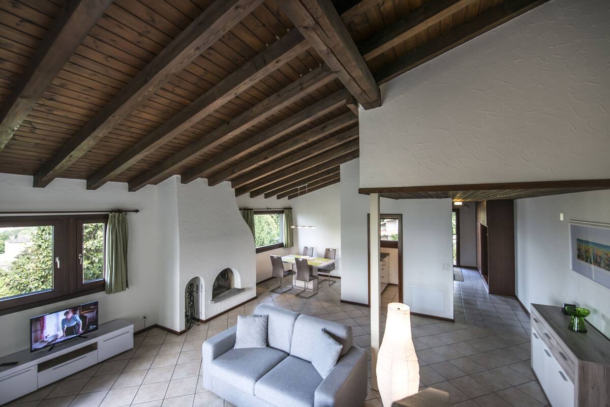 A spacious living area with a fireplace, a sofa, and a television.