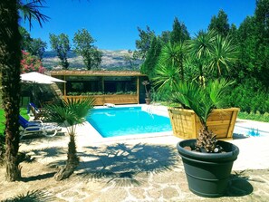 Una piscina al aire libre, sombrillas, tumbonas