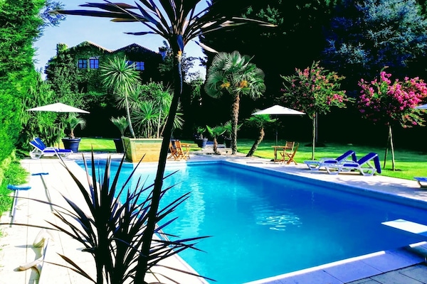 Outdoor pool, pool umbrellas, sun loungers