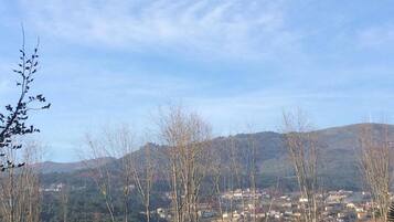 A view of a town with houses and trees in the foreground, and hills in the background.