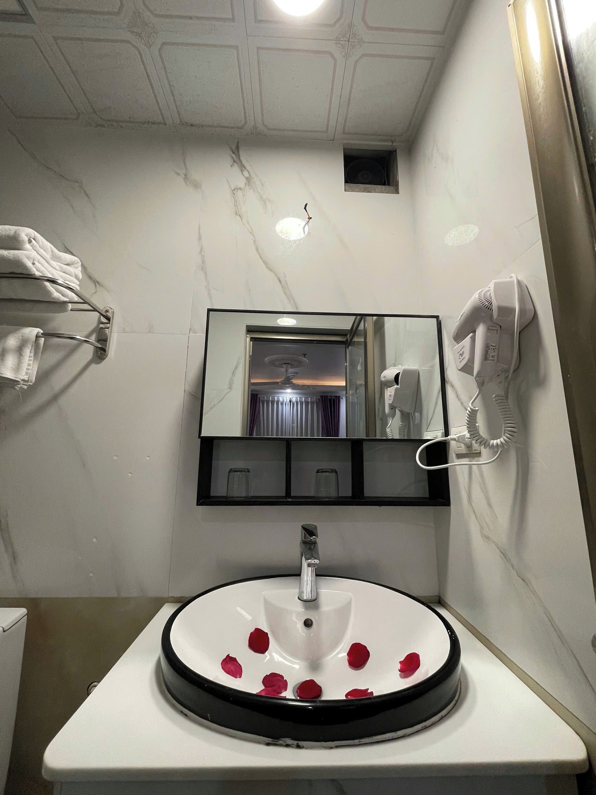 A bathroom with a white sink, a mirror, a towel rack, and a hairdryer.