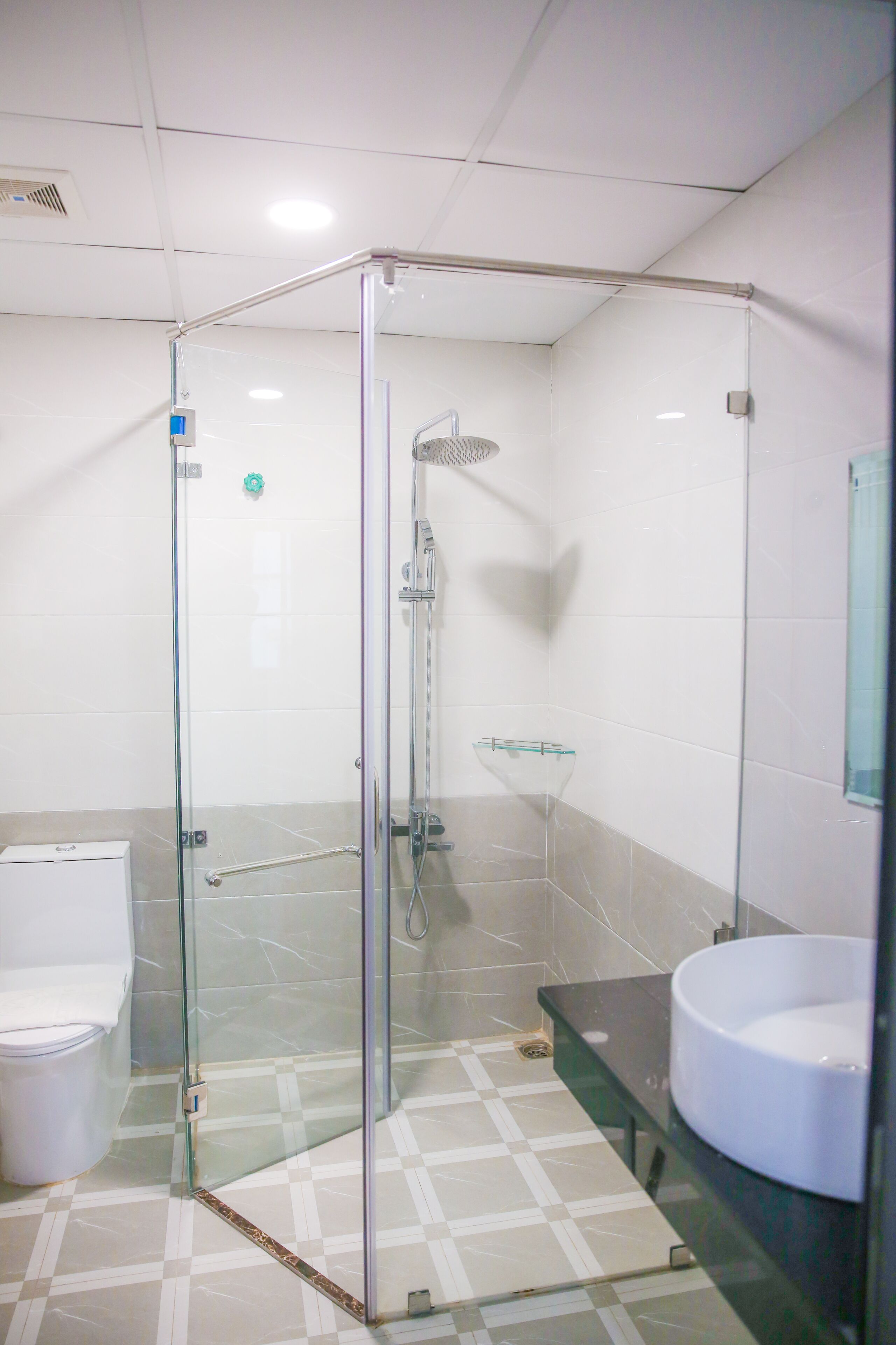 Un baño moderno con ducha de vidrio, inodoro blanco y lavamanos con repisa de vidrio.