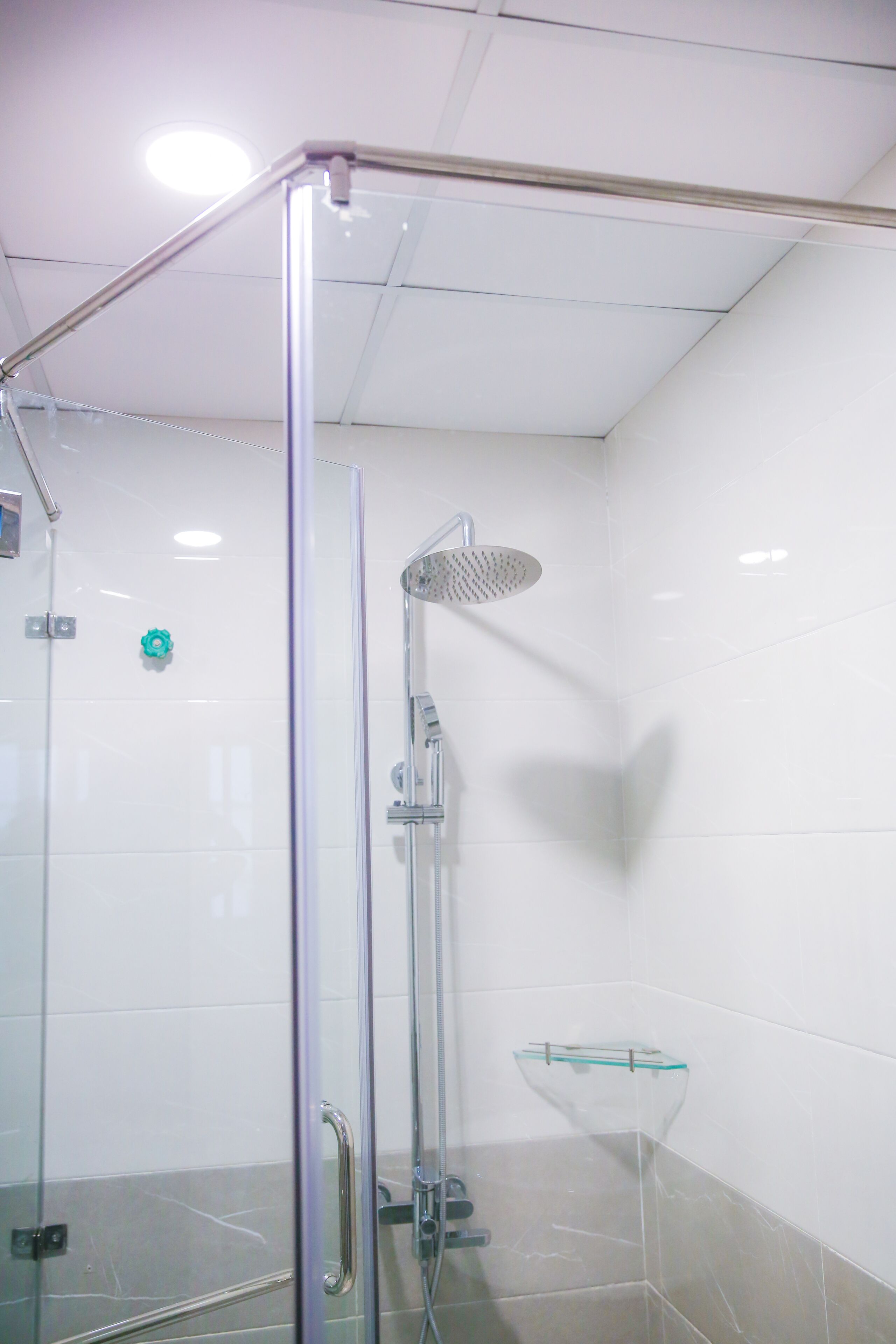 A glass-enclosed shower with a handheld showerhead, a glass shelf, and a tiled wall.