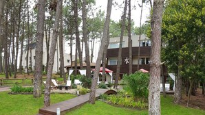 A resort with a wooden deck, lush greenery, and a building with a 'water' sign. - Mizu Hotel Boutique (Mar de Las Pampas)