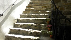 A stone staircase with potted plants at the bottom, leading to a building with a white wall and black window shutters. - Casa Bertha (Sighisoara)