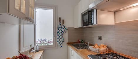 Une cuisine moderne équipée d’une cuisinière à gaz, d’un four à micro-ondes et d’une fenêtre offrant une belle vue.