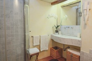 Shower, hair dryer, towels