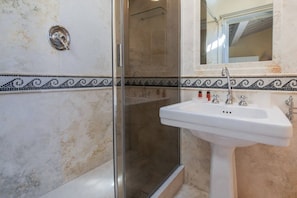 Shower, hair dryer, bidet, towels