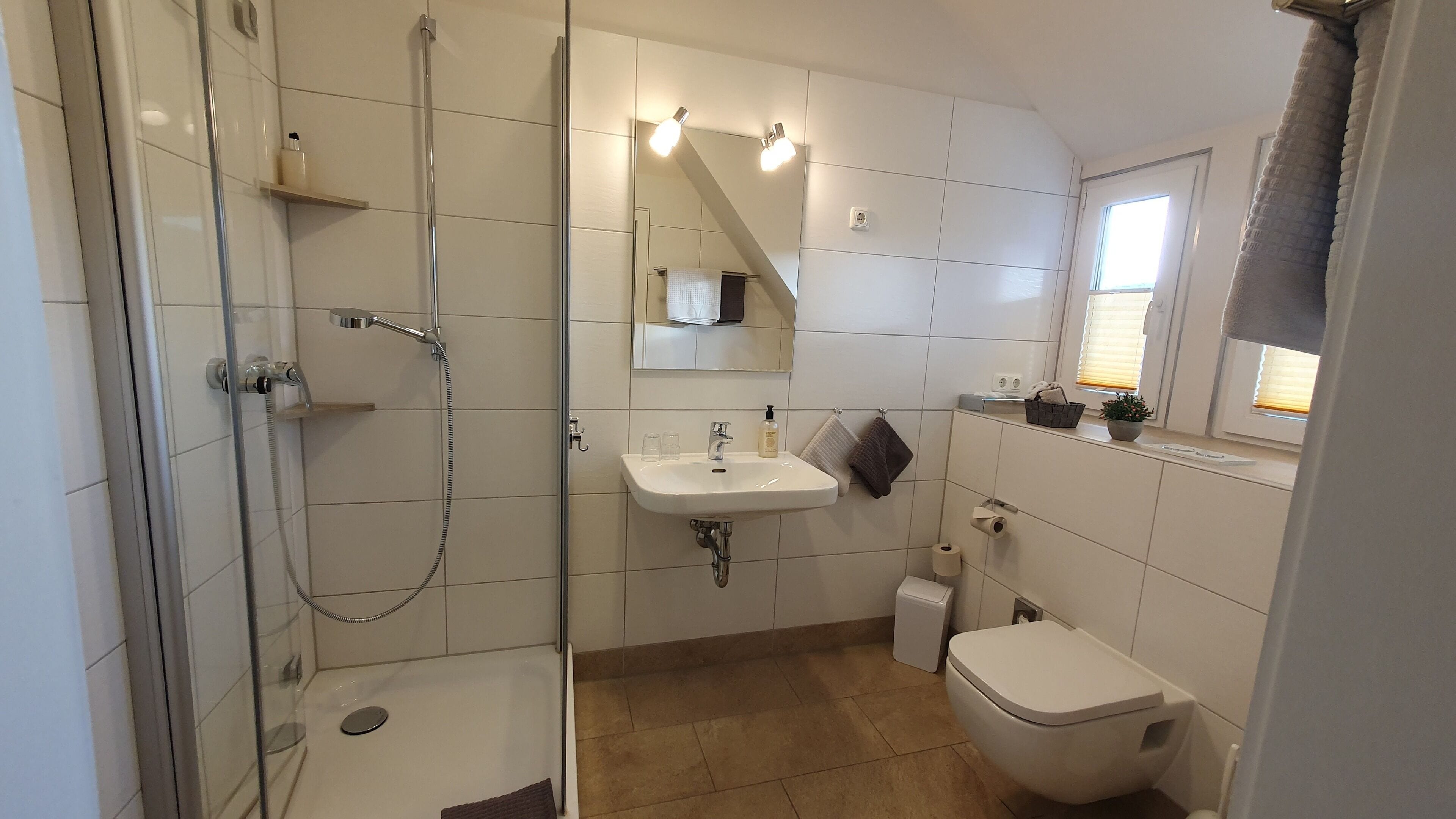 A modern bathroom with a glass-enclosed shower, a sink with a mirror above, and a toilet.