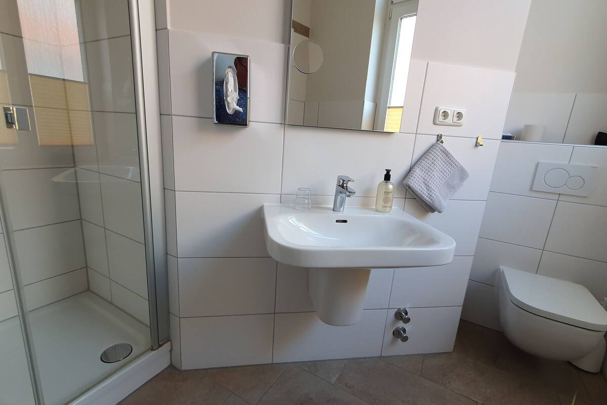 classic double room | bathroom | shower, hair dryer, towels