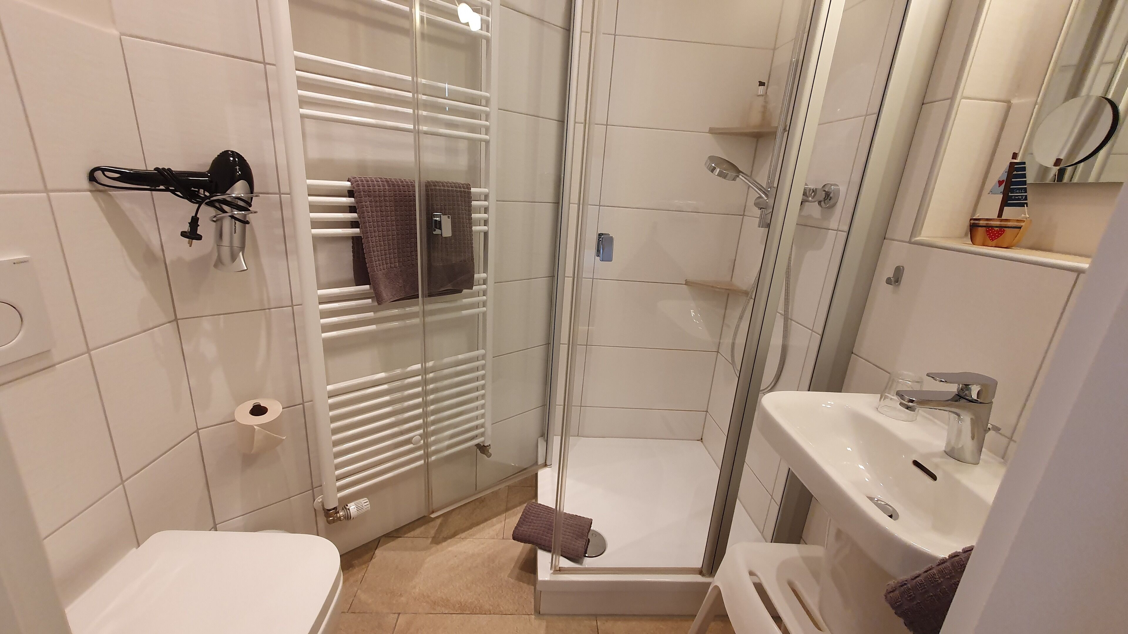 single room | bathroom | shower, hair dryer, towels