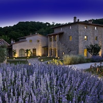 Un edificio de piedra con un jardín de lavanda al atardecer.