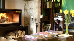 A cozy living room with a fireplace, books on a coffee table, and a vase with flowers. - Domaine de Labarthe (Espere)