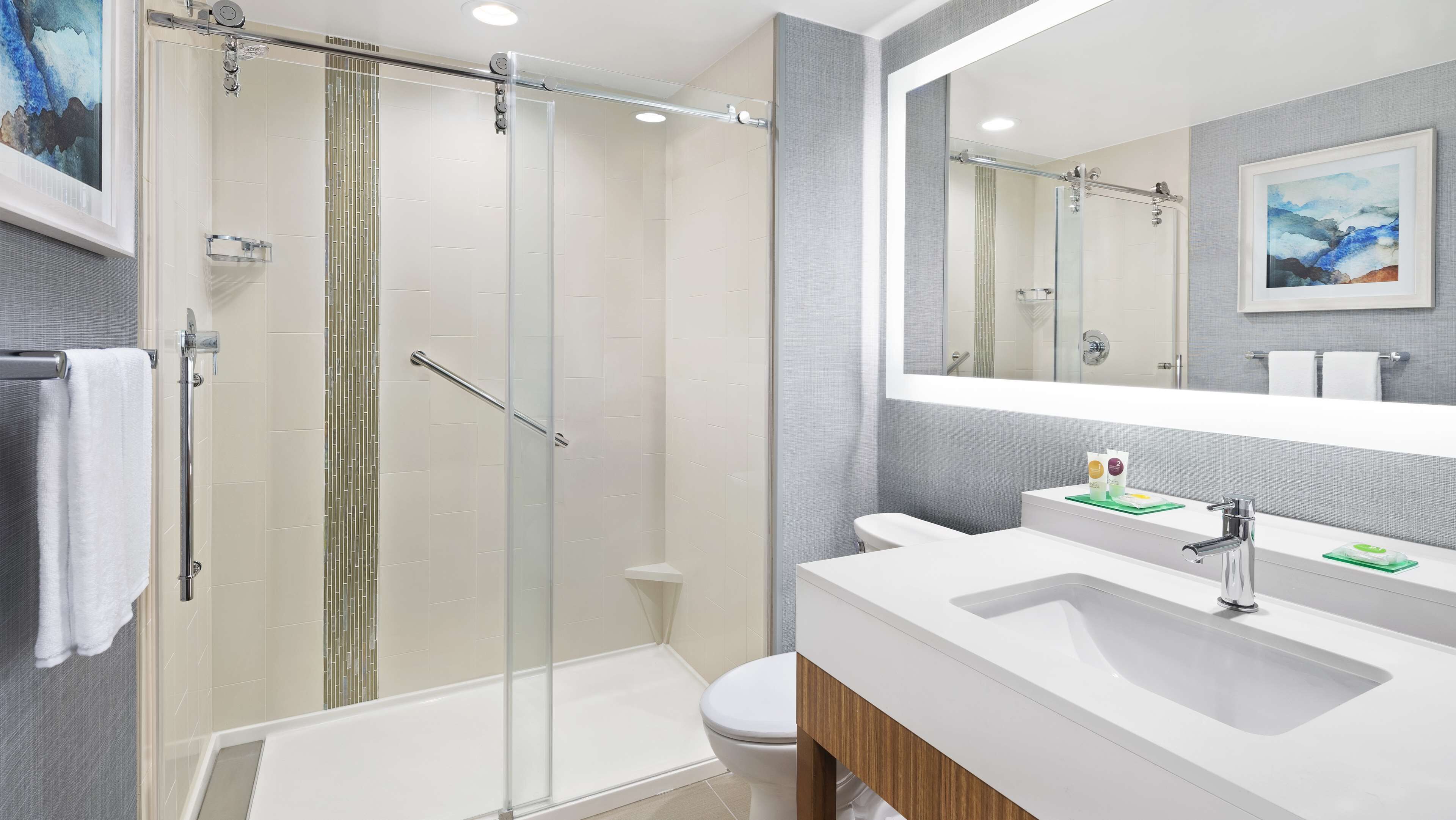 combined shower/bathtub, designer toiletries, hair dryer, towels