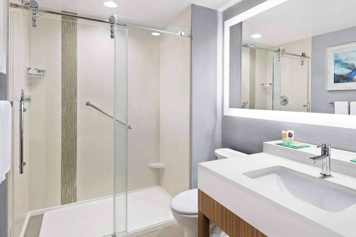 combined shower/bathtub, designer toiletries, hair dryer, towels