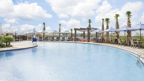 A swimming pool with lounge chairs and umbrellas, surrounded by palm trees and a fence.