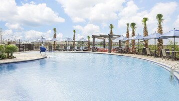 Outdoor pool, open 10:00 AM to 10:00 PM, sun loungers