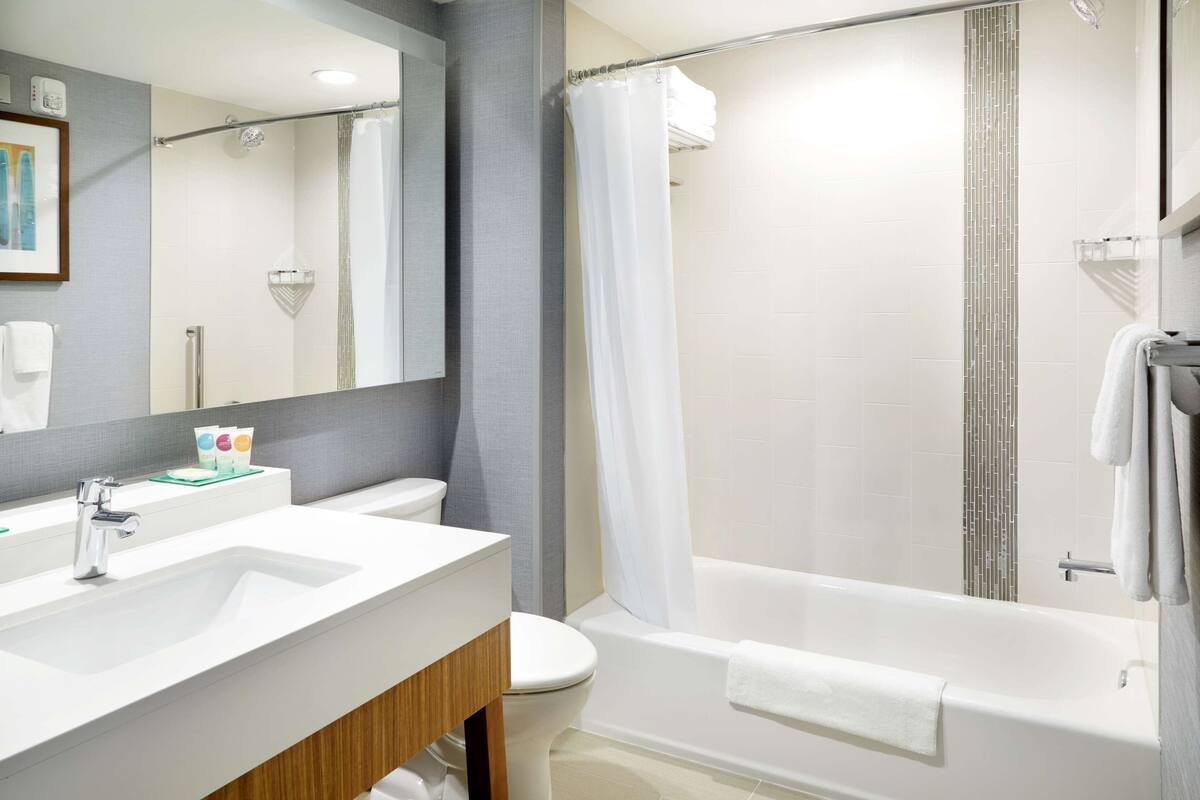 combined shower/bathtub, designer toiletries, hair dryer, towels