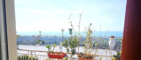 Un balcón con plantas en macetas y vista al mar.