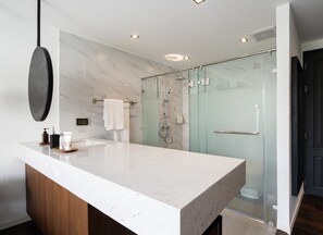 Private Room with Partially Open Bathroom | Bathroom | Shower, rainfall showerhead, free toiletries, hair dryer