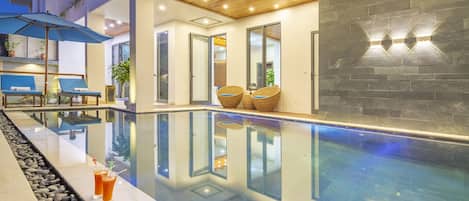 Outdoor pool, pool umbrellas, pool loungers