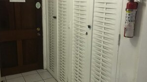 A corridor with a wooden door and white louvered closets.
