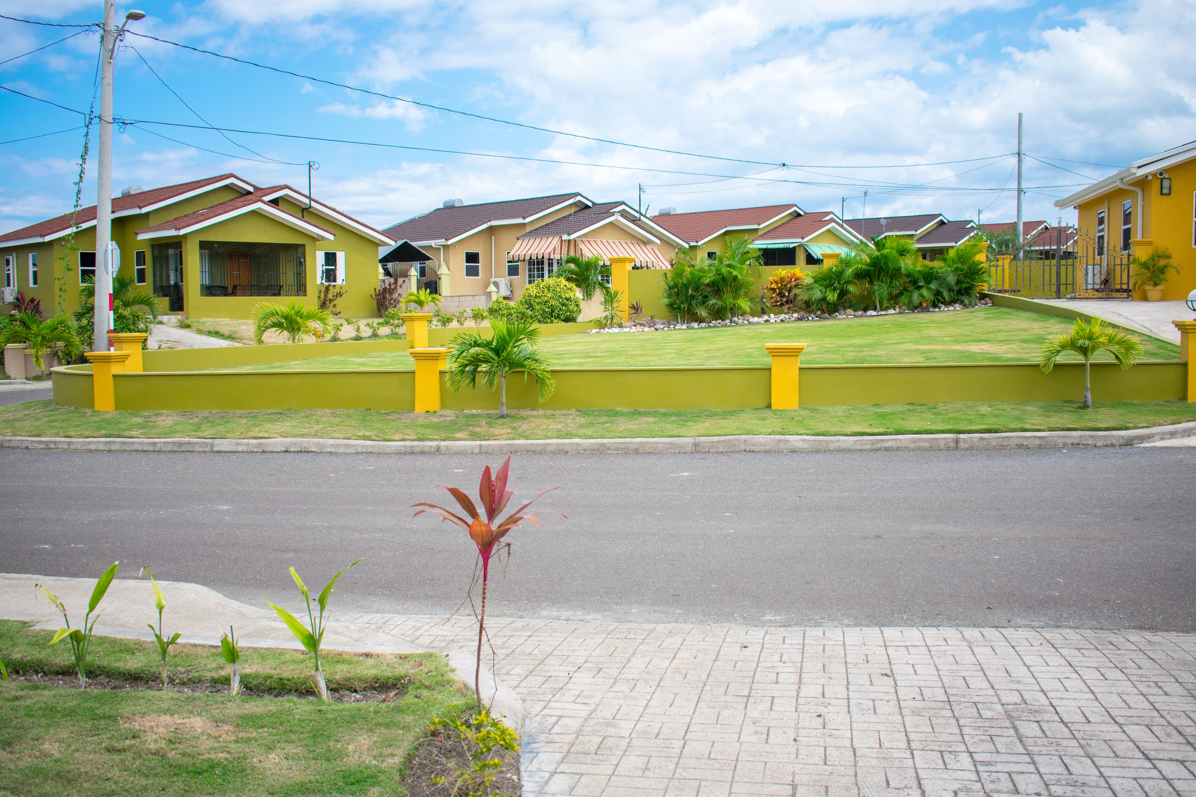 A residential area with houses, a paved road, and a sidewalk.