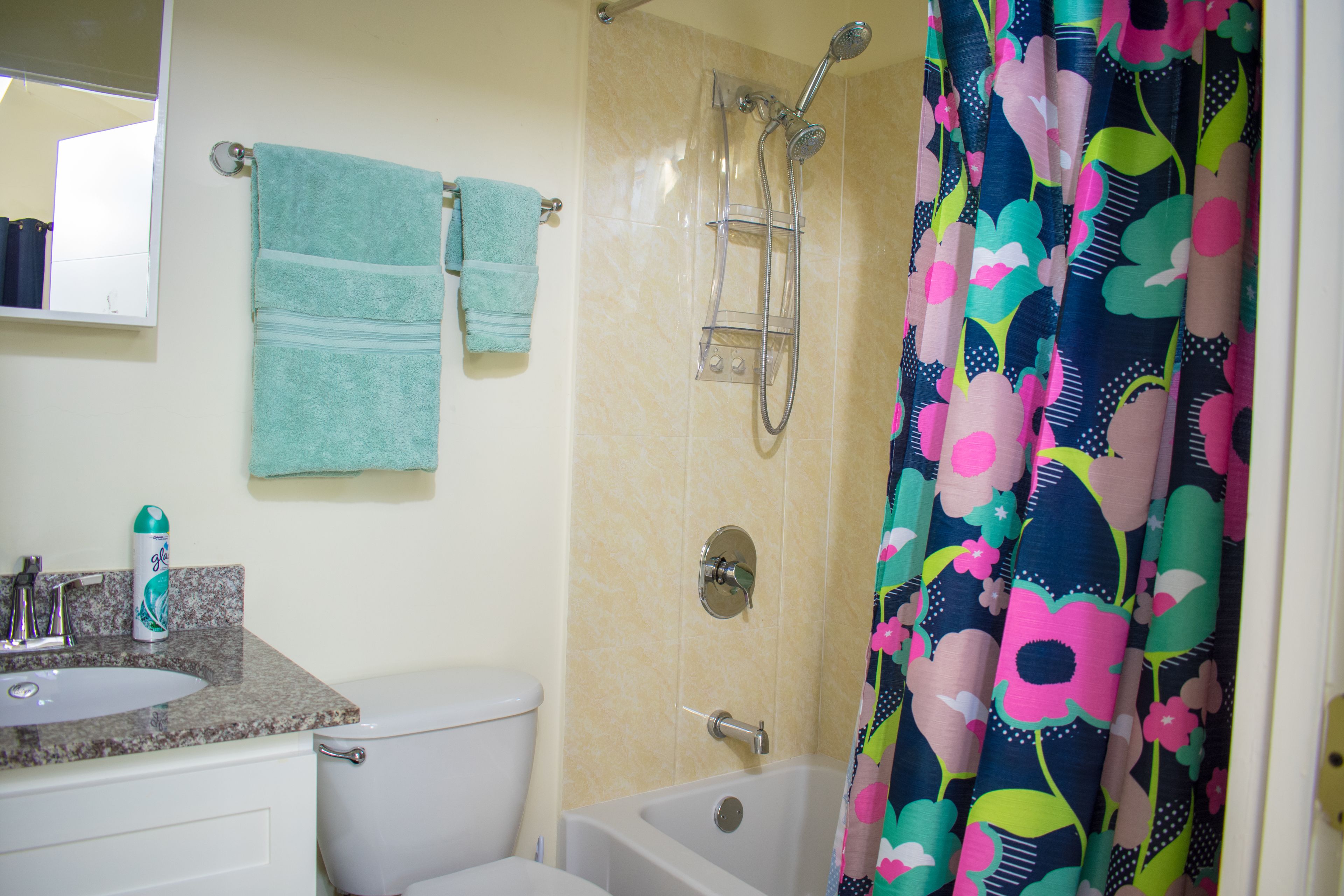 Une salle de bain équipée d’un lavabo, de toilettes, d’une douche et d’un rideau de douche aux couleurs vives.