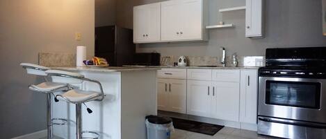 City Apartment | Private kitchen | Full-size fridge, microwave, oven, stovetop