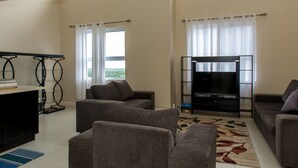 A living room with two sofas, a TV, and a bookshelf. - City Ridge Luxury Penthouse (Kingston)