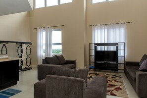 Attico Luxury, 1 letto king | Area soggiorno | TV a schermo piatto 50 pollici con canali via cavo, TV, lettore DVD