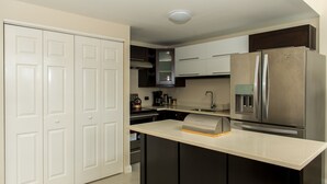 A modern kitchen with a built-in oven, a refrigerator, and a coffee maker. - City Ridge Luxury Penthouse (Kingston)