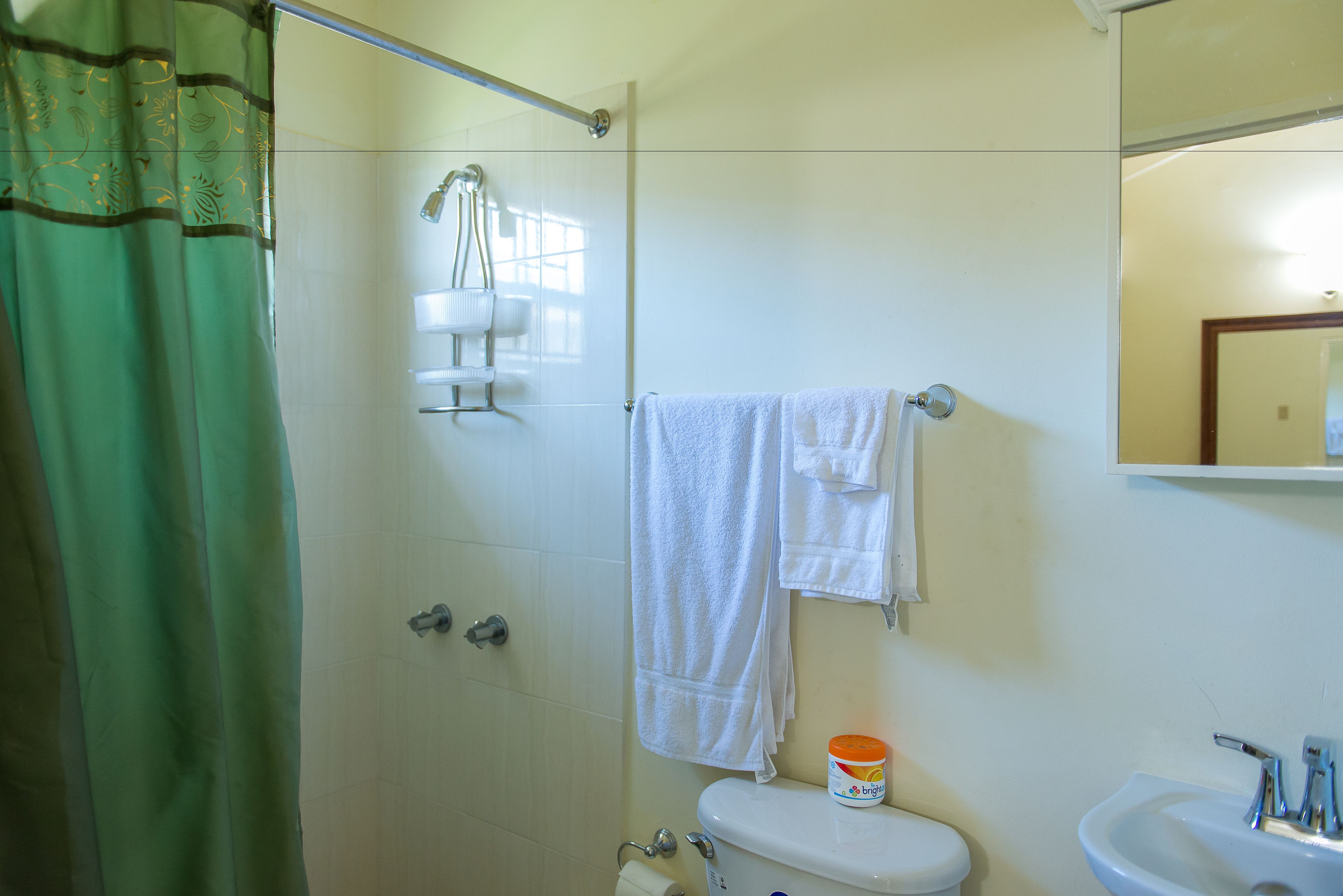 A bathroom with a shower, toilet, sink, and a towel rack.