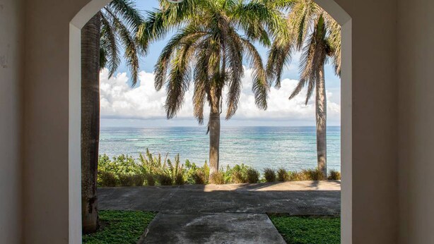 Vista a través de un arco hacia una playa con palmeras y cielo despejado.
