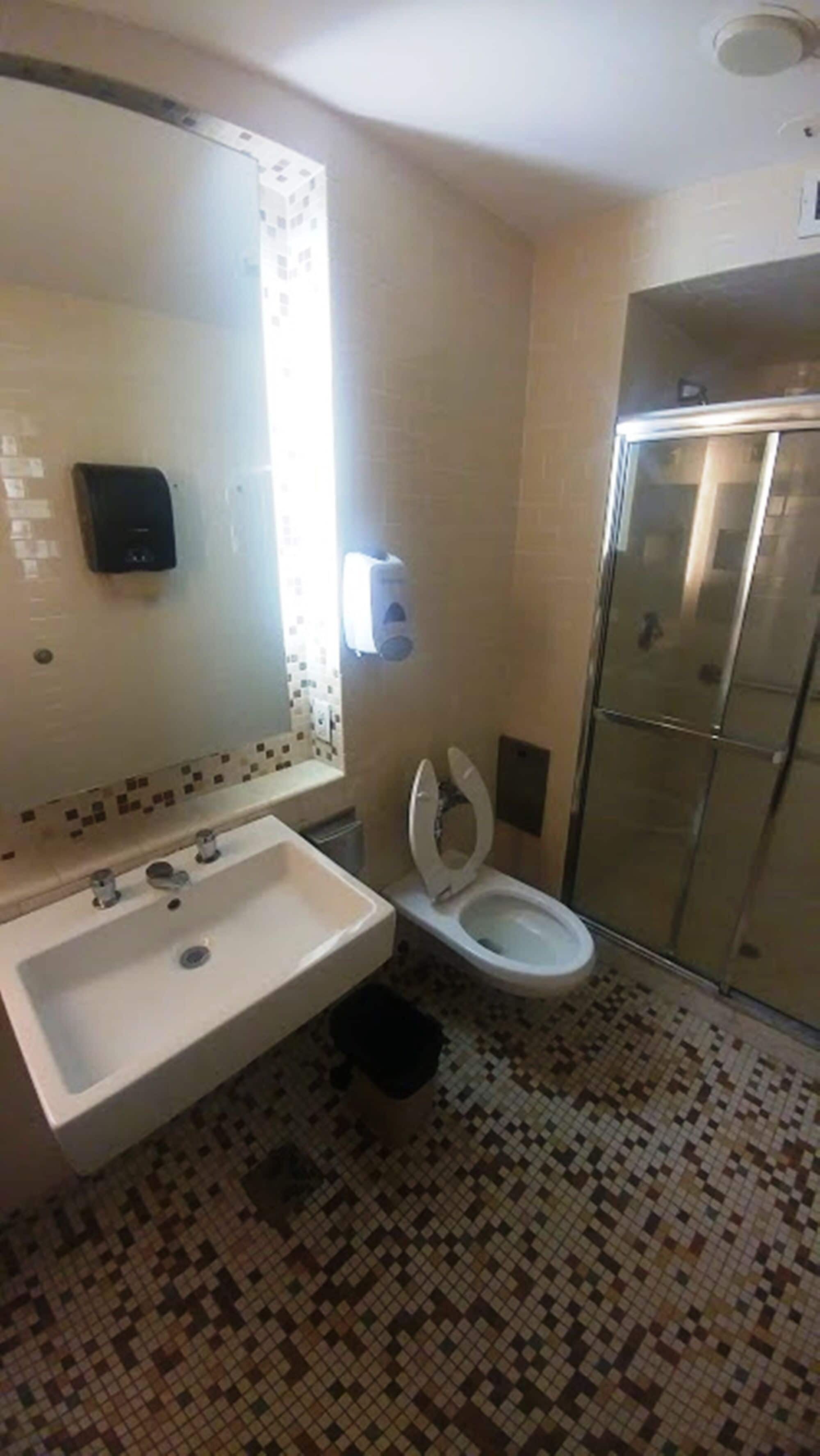 A bathroom with a sink, toilet, and shower.