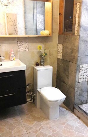 Familie appartement, 1 kingsize bed met slaapbank | Badkamer | Een douche, gratis toiletartikelen, pantoffels, handdoeken