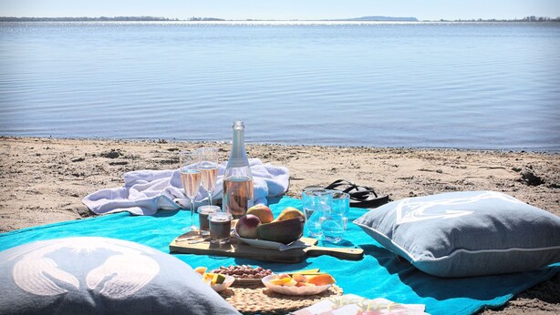A beach setting with a picnic setup including food, drinks, and a bottle. - Vacation in peace & nature - apartment on the Bodden with fenced plot. & water access (Wiek)