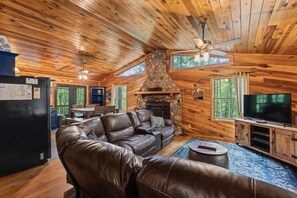 Télévision à écran plat, cheminée, livres, espaces bureaux