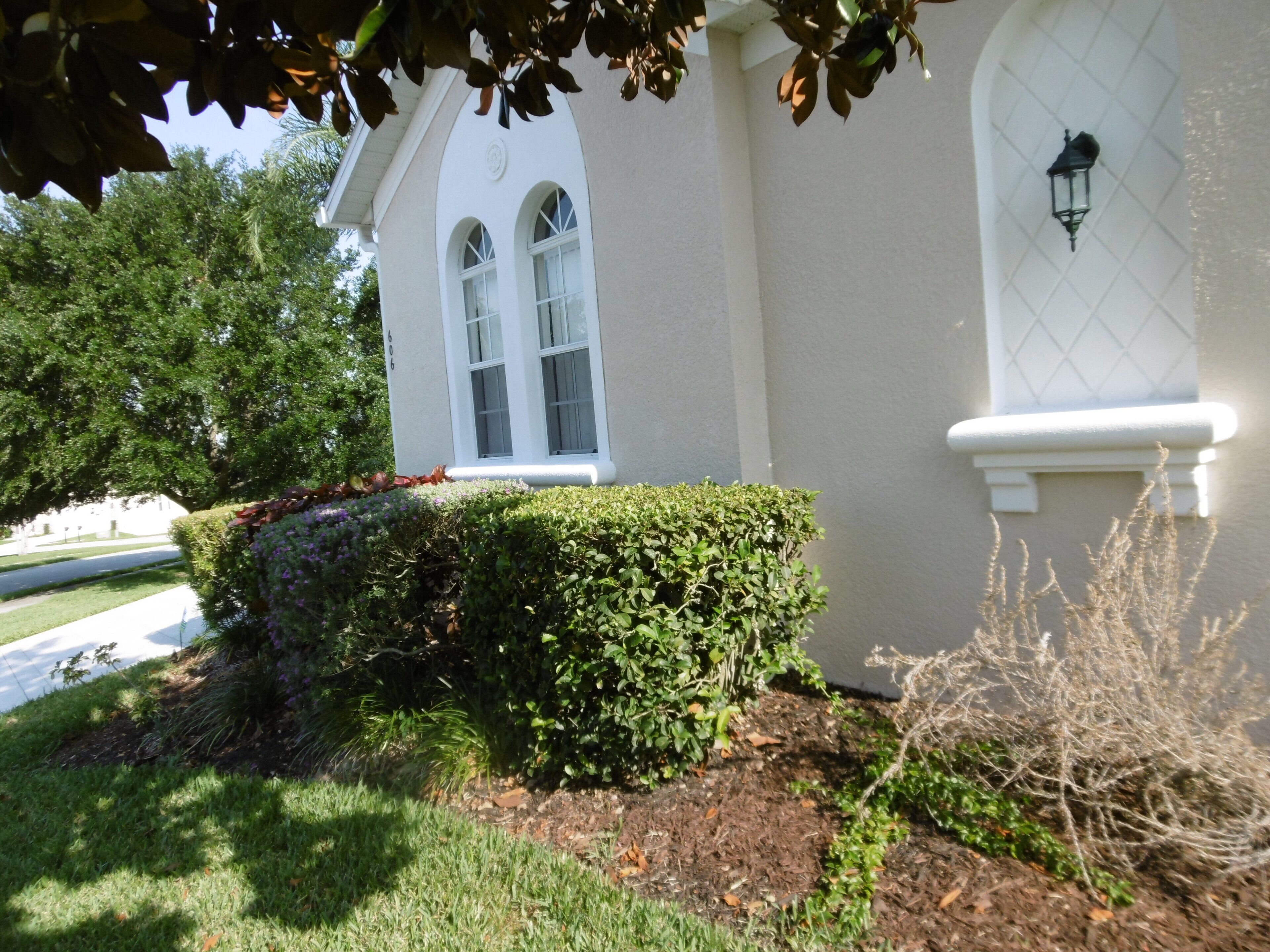 A building with a white facade, arched windows, and a small garden area with trimmed bushes and a pathway.