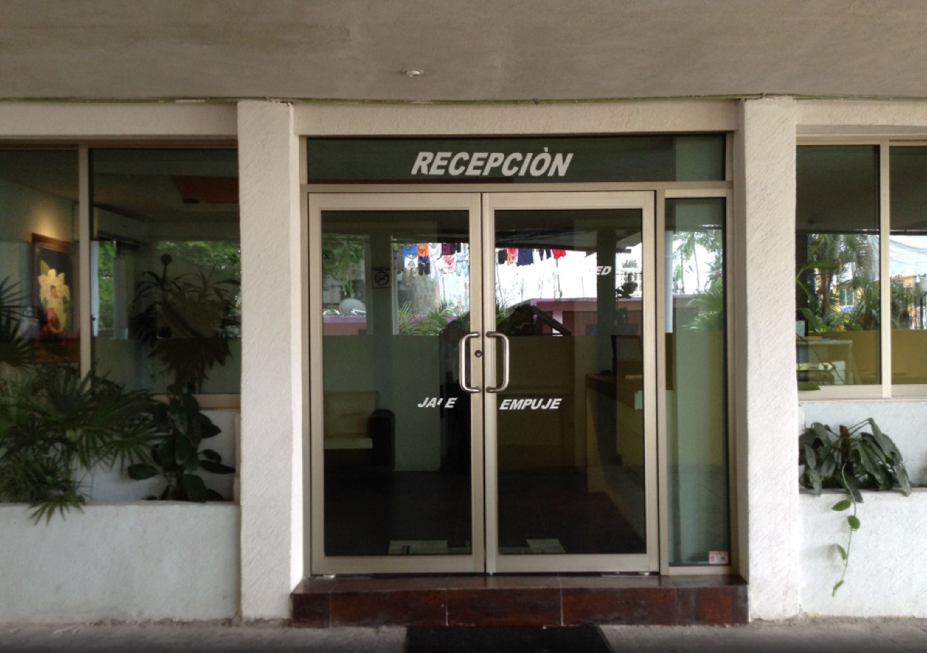 A reception area with a glass door, a sign reading "RECEPCIÓN," and a small step leading up to the entrance.
