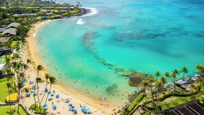 An aerial view of a beach with clear turquoise waters, a sandy shore, and several palm trees. - The Most Gorgeous OV Villa in Kapalua Sleeps 6 (Kapalua)