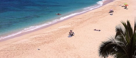 On the beach, sun-loungers, beach towels