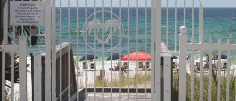 On the beach, sun loungers