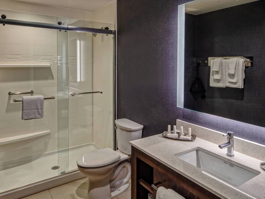 A modern bathroom with a glass-enclosed shower, a white toilet, a large mirror, and a countertop with toiletries.