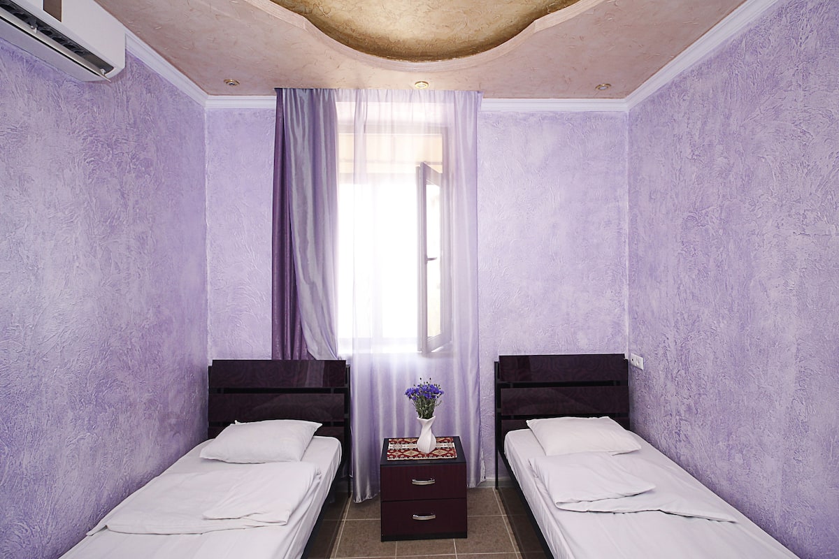 Une chambre double avec deux lits, une table de chevet ornée d’un vase et une fenêtre avec des rideaux violets.