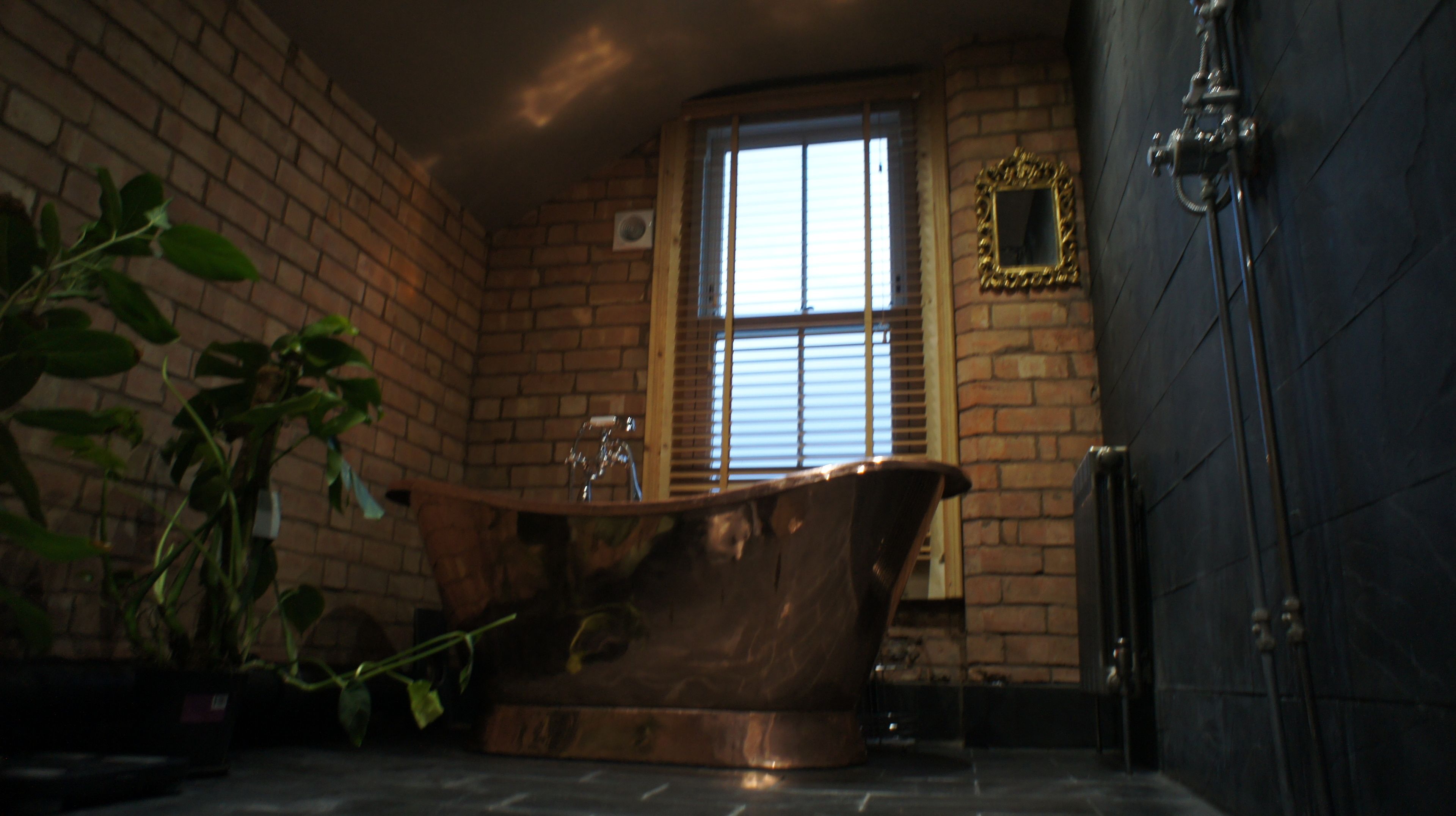 A bathroom with a vintage clawfoot bathtub, a window with blinds, a mirror, and a radiator.