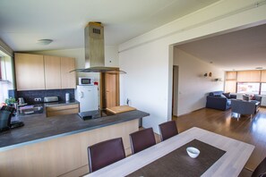 Apartment, 3 Bedrooms | Private kitchen | Fridge, microwave, oven, stovetop - Lágholt apartments (Stykkisholmur)