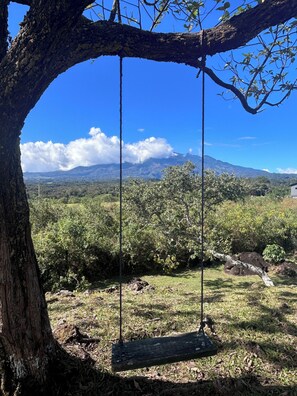 A swing hanging from a tree in a grassy area with a view of a mountain and clouds in the background. - Linda Vista Cabins (Alto Boquete)